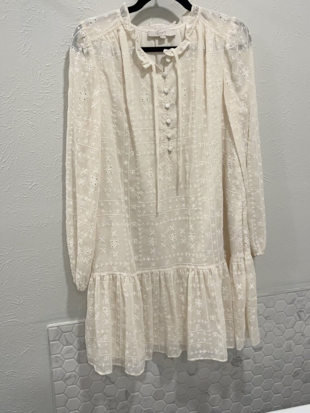 LOFT White Embroidered Eyelet Long Sleeve Ruffle Dress Size M